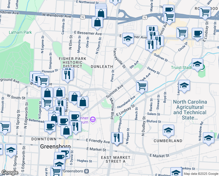 map of restaurants, bars, coffee shops, grocery stores, and more near 501 Heritage Place in Greensboro