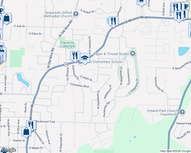 map of restaurants, bars, coffee shops, grocery stores, and more near 1570 East Hope Street in Fayetteville