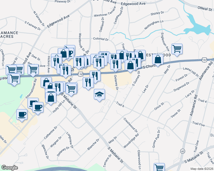 map of restaurants, bars, coffee shops, grocery stores, and more near 2229 Delaney Drive in Burlington
