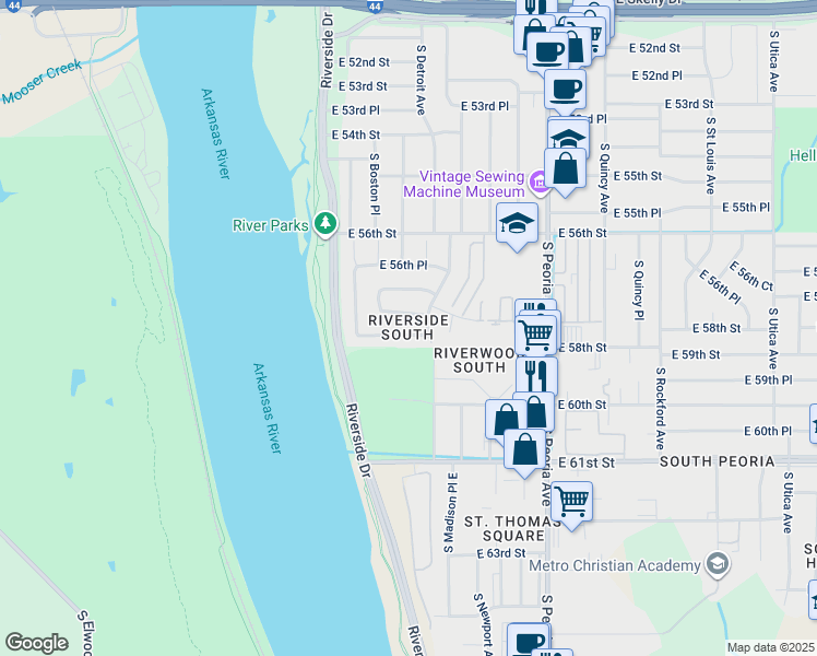 map of restaurants, bars, coffee shops, grocery stores, and more near 5740 South Madison Avenue in Tulsa