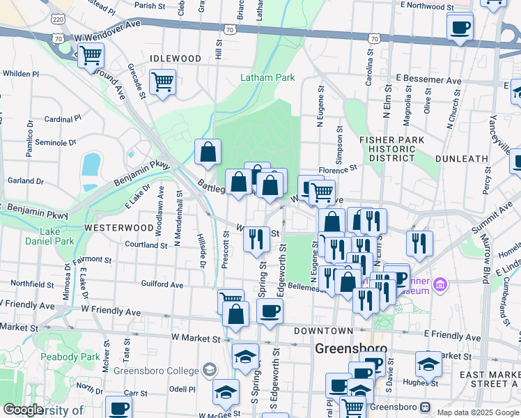 map of restaurants, bars, coffee shops, grocery stores, and more near 517 North Spring Street in Greensboro