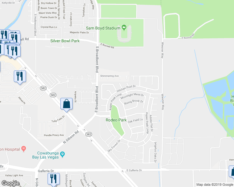 map of restaurants, bars, coffee shops, grocery stores, and more near 725 Hitchen Post Drive in Henderson