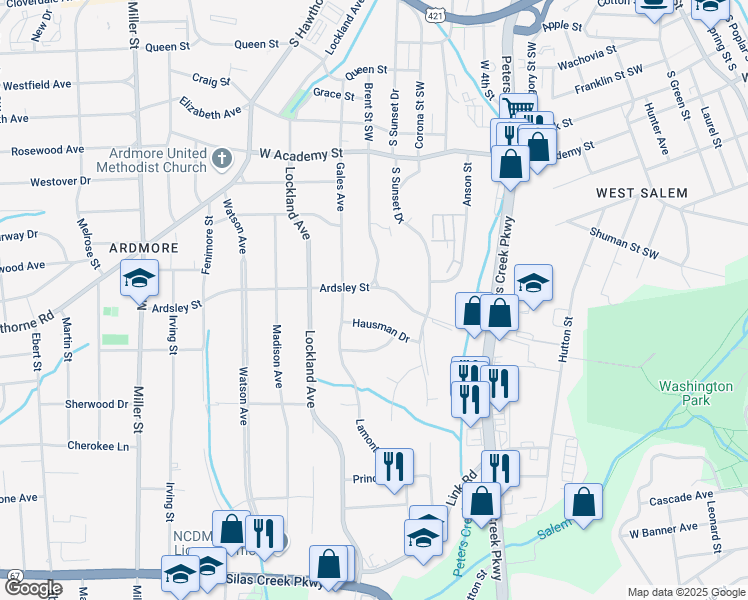 map of restaurants, bars, coffee shops, grocery stores, and more near 1656 Ardsley Street in Winston-Salem