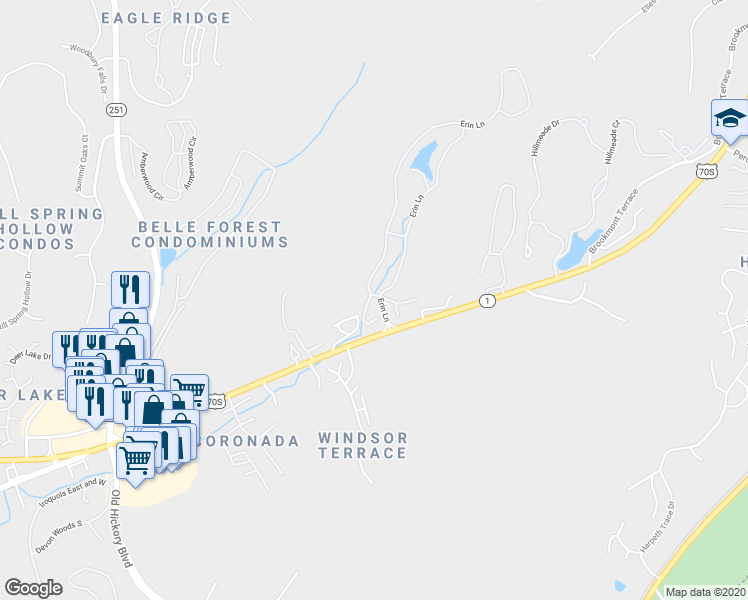 map of restaurants, bars, coffee shops, grocery stores, and more near 720 Erin Lane in Nashville