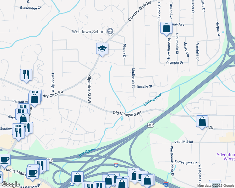 map of restaurants, bars, coffee shops, grocery stores, and more near 4216 Rosalie St in Winston-Salem