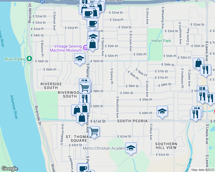 map of restaurants, bars, coffee shops, grocery stores, and more near 5740 South Quincy Place in Tulsa