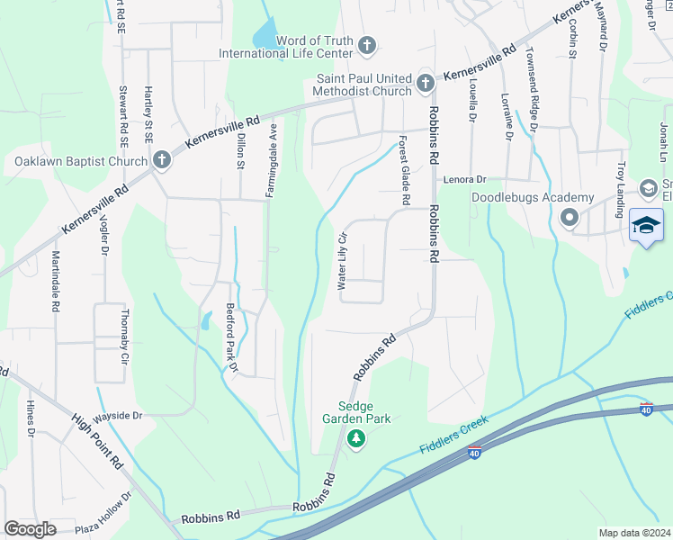 map of restaurants, bars, coffee shops, grocery stores, and more near 289 Water Lily Circle in Winston-Salem