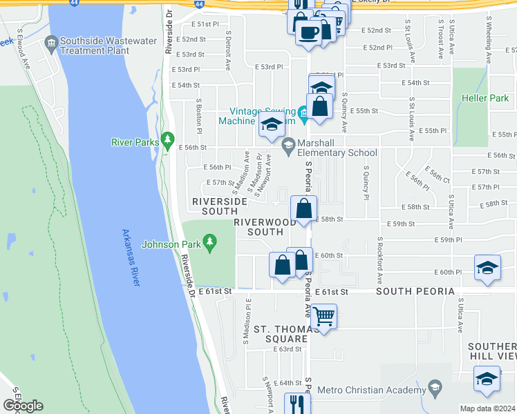 map of restaurants, bars, coffee shops, grocery stores, and more near 1030 East 57th Place in Tulsa