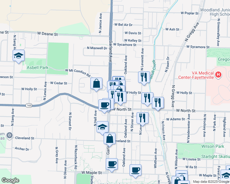 map of restaurants, bars, coffee shops, grocery stores, and more near 1241 North Lindell Avenue in Fayetteville