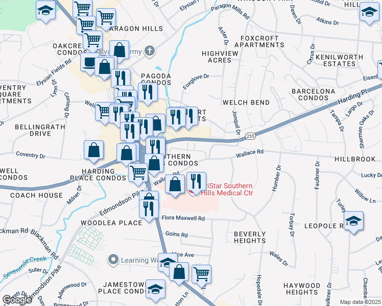 map of restaurants, bars, coffee shops, grocery stores, and more near 249 Brookridge Trail in Nashville