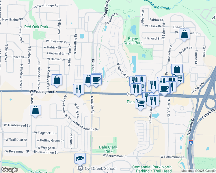 map of restaurants, bars, coffee shops, grocery stores, and more near 1192 North Rupple Road in Fayetteville
