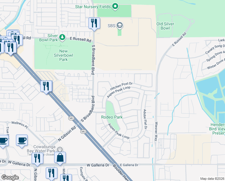 map of restaurants, bars, coffee shops, grocery stores, and more near 709 Hitchen Post Drive in Henderson