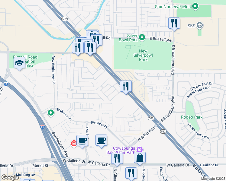 map of restaurants, bars, coffee shops, grocery stores, and more near 6584 Strolling Plains Lane in Henderson
