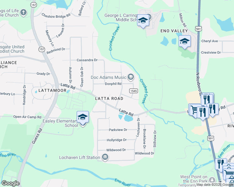 map of restaurants, bars, coffee shops, grocery stores, and more near 5023 Pine Trail Drive in Durham