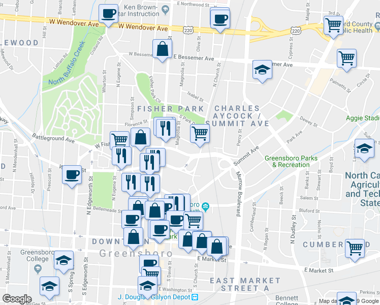 map of restaurants, bars, coffee shops, grocery stores, and more near 129 East Fisher Avenue in Greensboro
