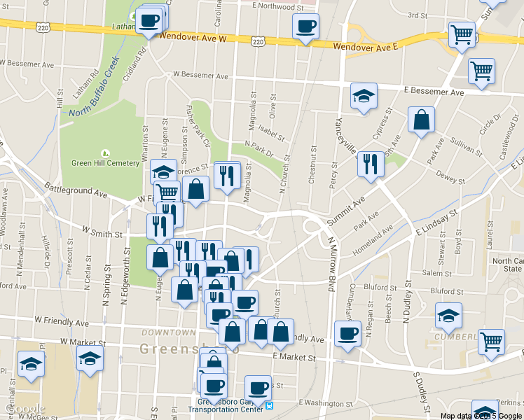 map of restaurants, bars, coffee shops, grocery stores, and more near 129 East Fisher Avenue in Greensboro