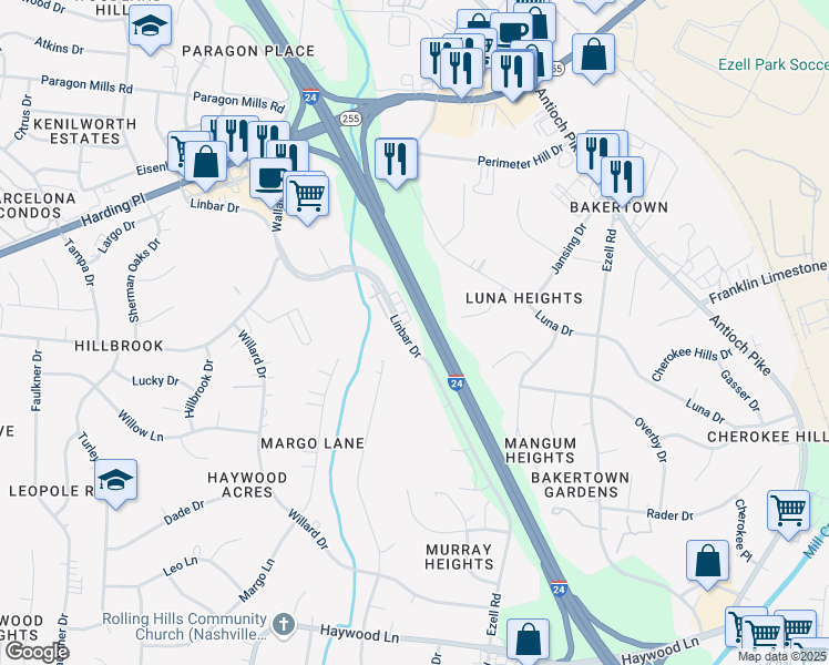 map of restaurants, bars, coffee shops, grocery stores, and more near 5174 Linbar Drive in Nashville