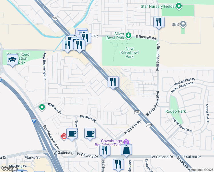 map of restaurants, bars, coffee shops, grocery stores, and more near 6080 Golden Corral Trail in Henderson