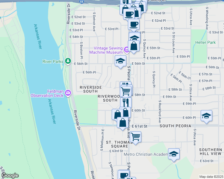 map of restaurants, bars, coffee shops, grocery stores, and more near 1054 East 57th Place in Tulsa