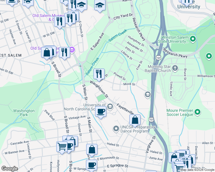 map of restaurants, bars, coffee shops, grocery stores, and more near 590 Mock Street in Winston-Salem