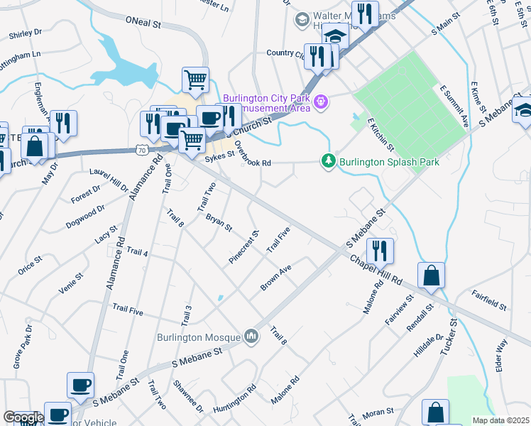map of restaurants, bars, coffee shops, grocery stores, and more near 336 Chapel Hill Road in Burlington