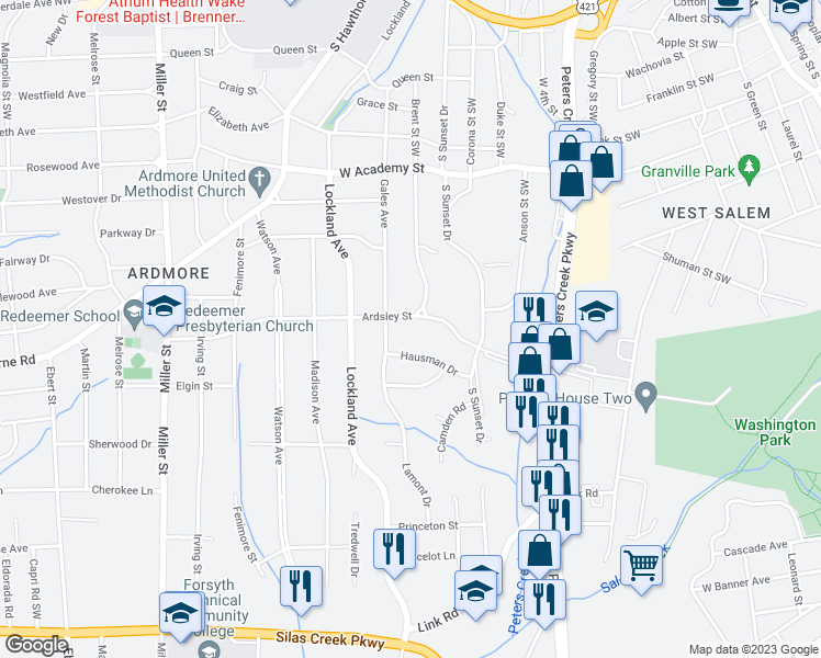 map of restaurants, bars, coffee shops, grocery stores, and more near 1704 Ardsley Street in Winston Salem