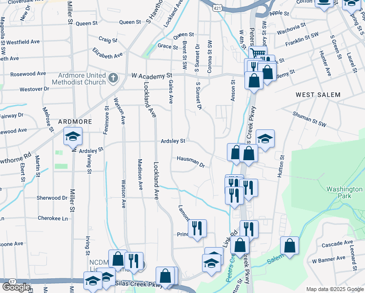 map of restaurants, bars, coffee shops, grocery stores, and more near 1704 Ardsley Street in Winston Salem