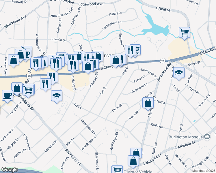 map of restaurants, bars, coffee shops, grocery stores, and more near 2236 Lee Drive in Burlington
