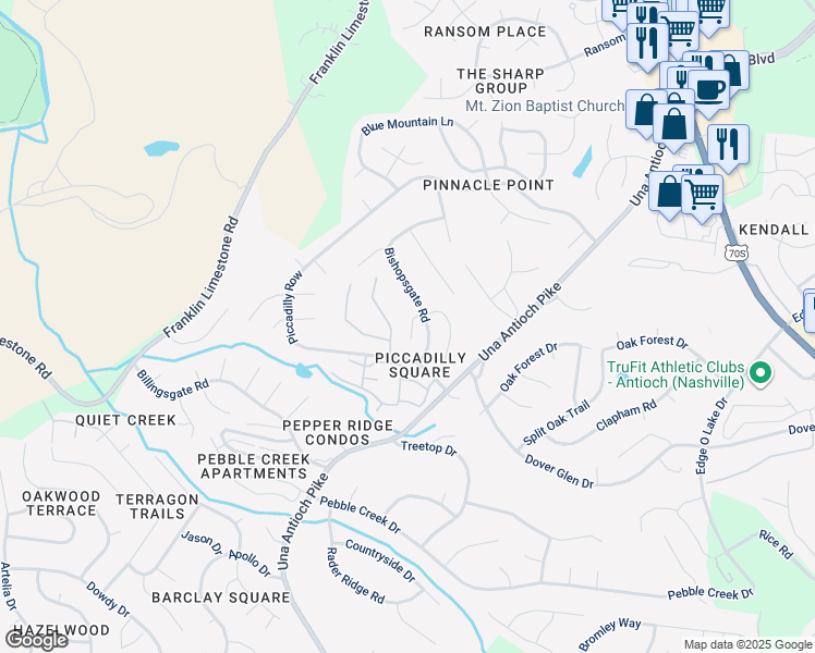 map of restaurants, bars, coffee shops, grocery stores, and more near 121 Elizabeths Court in Nashville