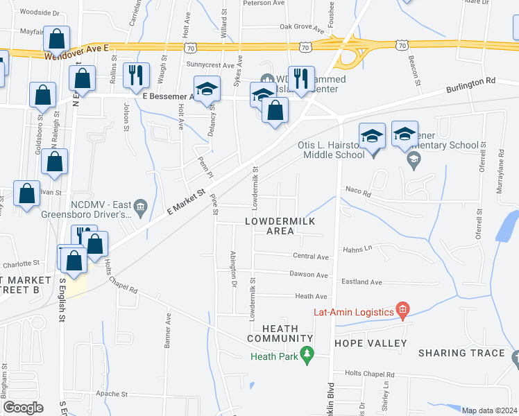 map of restaurants, bars, coffee shops, grocery stores, and more near 403 Lowdermilk Street in Greensboro