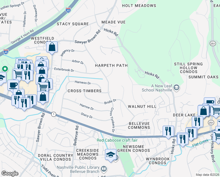 map of restaurants, bars, coffee shops, grocery stores, and more near 220 Cross Timbers Drive in Nashville