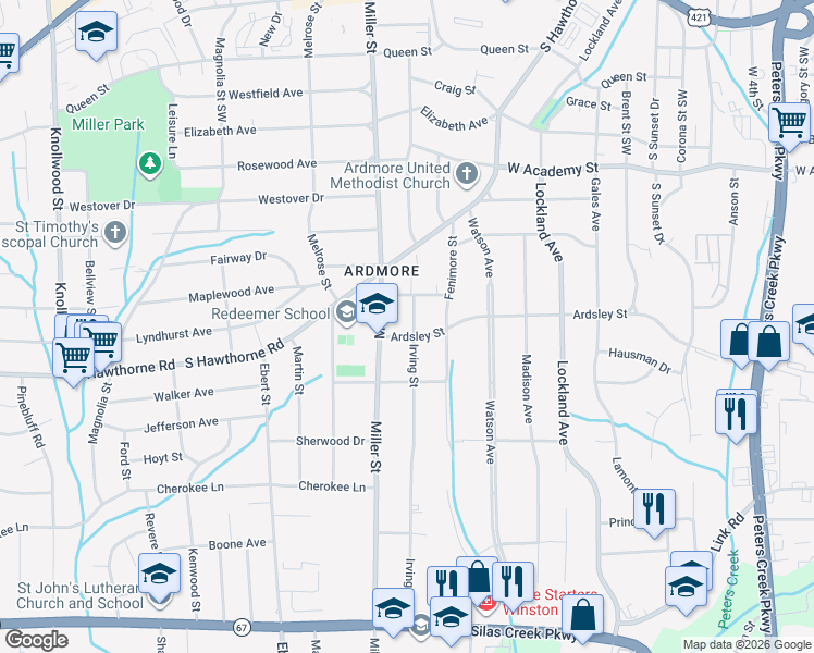 map of restaurants, bars, coffee shops, grocery stores, and more near 1026 Irving Street in Winston-Salem