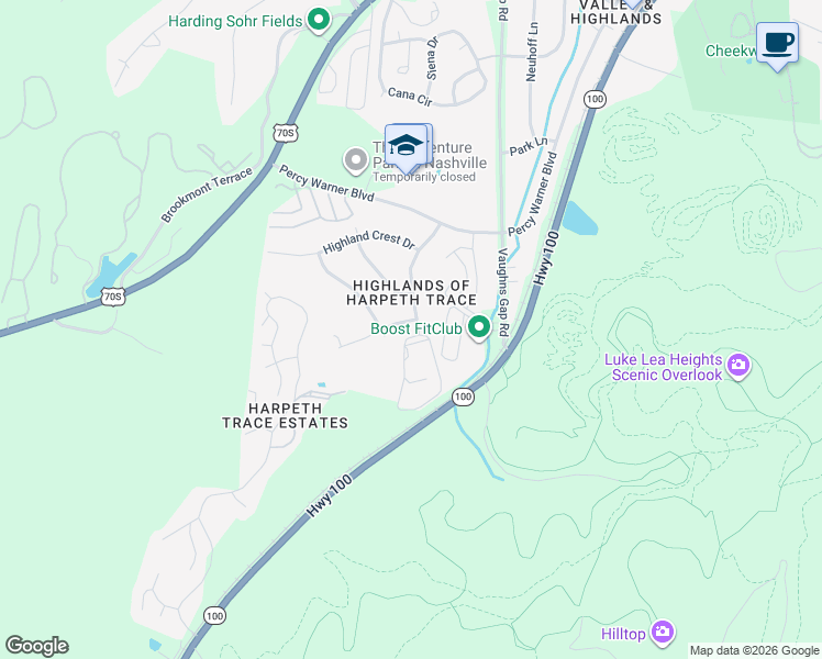 map of restaurants, bars, coffee shops, grocery stores, and more near 6843 Highland Park Drive in Nashville