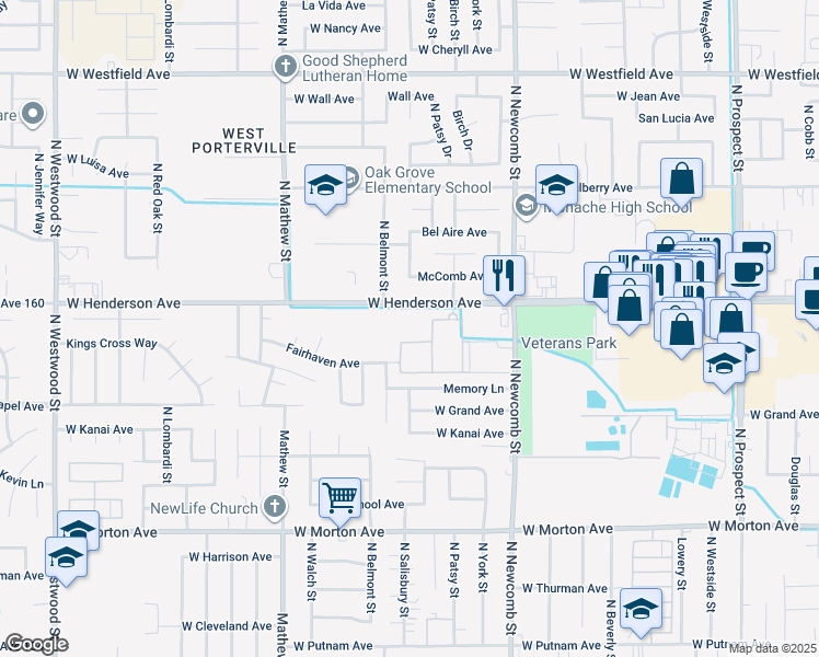 map of restaurants, bars, coffee shops, grocery stores, and more near 1755 West Henderson Avenue in Porterville