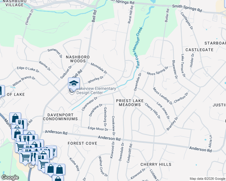 map of restaurants, bars, coffee shops, grocery stores, and more near 477 Clearwater Drive in Nashville