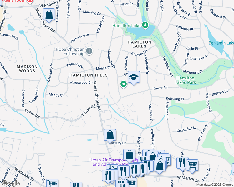 map of restaurants, bars, coffee shops, grocery stores, and more near 805 Montpelier Drive in Greensboro