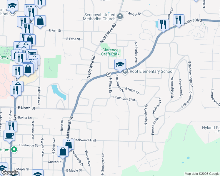 map of restaurants, bars, coffee shops, grocery stores, and more near 1315 North Kings Drive in Fayetteville