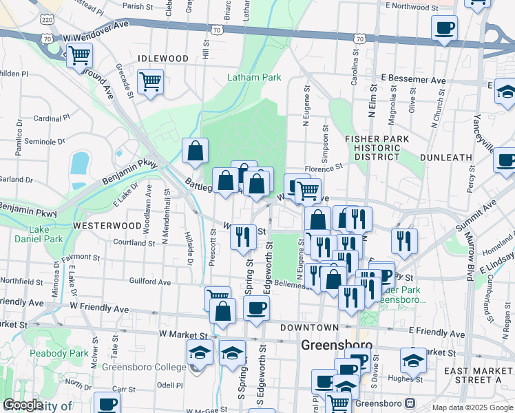 map of restaurants, bars, coffee shops, grocery stores, and more near 517 North Spring Street in Greensboro