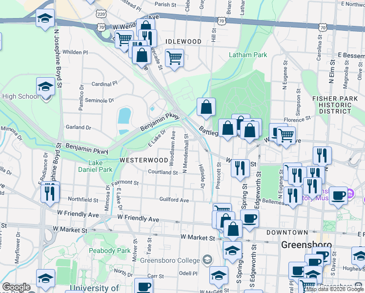 map of restaurants, bars, coffee shops, grocery stores, and more near 500 Woodlawn Avenue in Greensboro