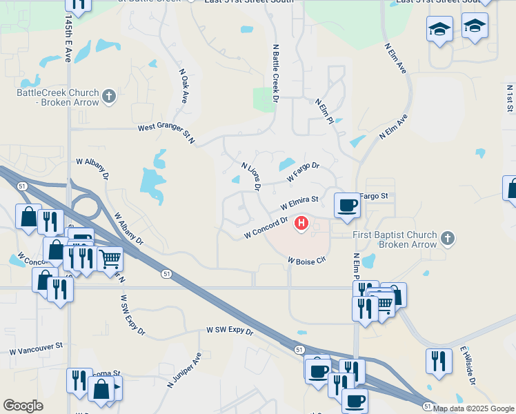 map of restaurants, bars, coffee shops, grocery stores, and more near 2824 North Lions Avenue in Broken Arrow