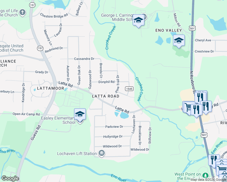map of restaurants, bars, coffee shops, grocery stores, and more near 5023 Pine Trail Drive in Durham