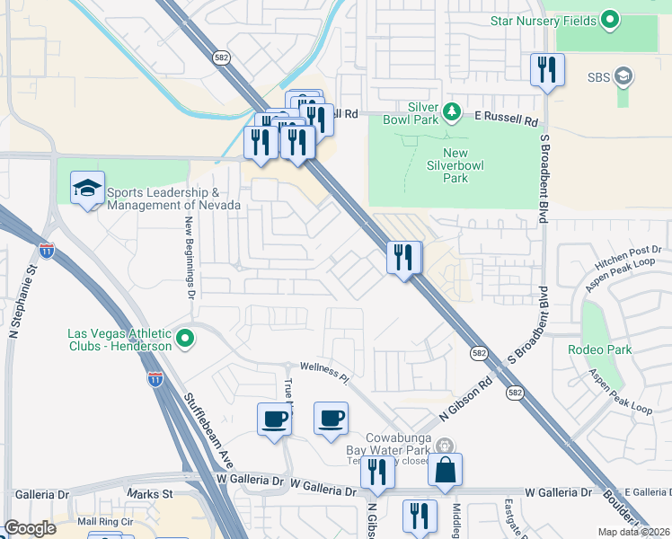 map of restaurants, bars, coffee shops, grocery stores, and more near 6024 Mustang Breeze Trail in Henderson