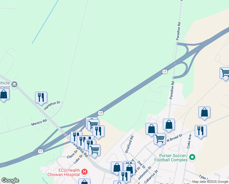 map of restaurants, bars, coffee shops, grocery stores, and more near Whitemon Lane in Edenton