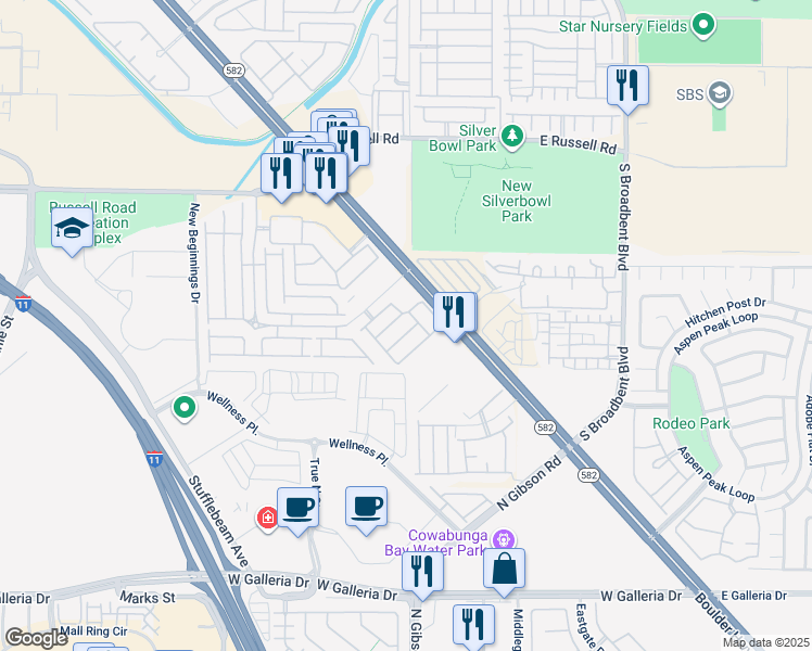 map of restaurants, bars, coffee shops, grocery stores, and more near 6584 Strolling Plains Lane in Henderson