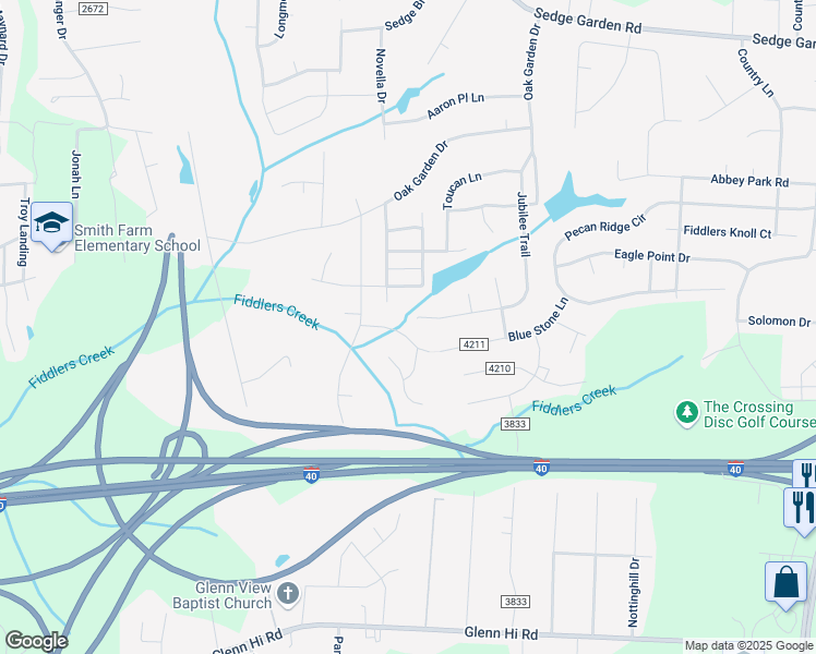 map of restaurants, bars, coffee shops, grocery stores, and more near 2155 Blue Stone Ln in Kernersville