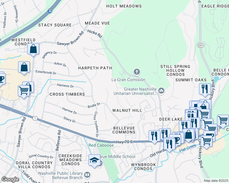 map of restaurants, bars, coffee shops, grocery stores, and more near 845 Stirrup Drive in Nashville