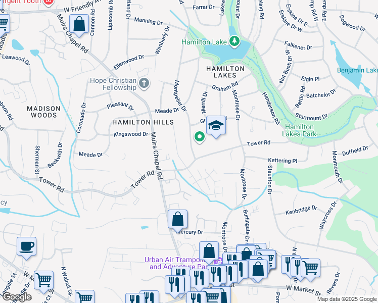 map of restaurants, bars, coffee shops, grocery stores, and more near 805 Montpelier Drive in Greensboro