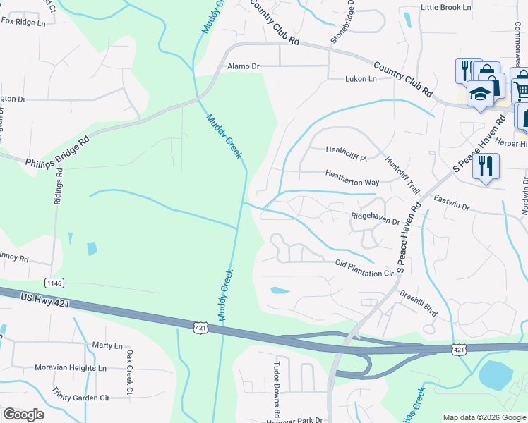 map of restaurants, bars, coffee shops, grocery stores, and more near 560 Ridgehaven Drive in Winston-Salem