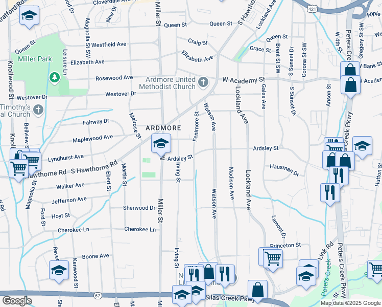 map of restaurants, bars, coffee shops, grocery stores, and more near 872 Fenimore Street in Winston-Salem