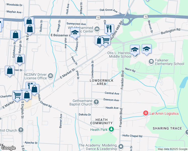 map of restaurants, bars, coffee shops, grocery stores, and more near 403 Lowdermilk Street in Greensboro